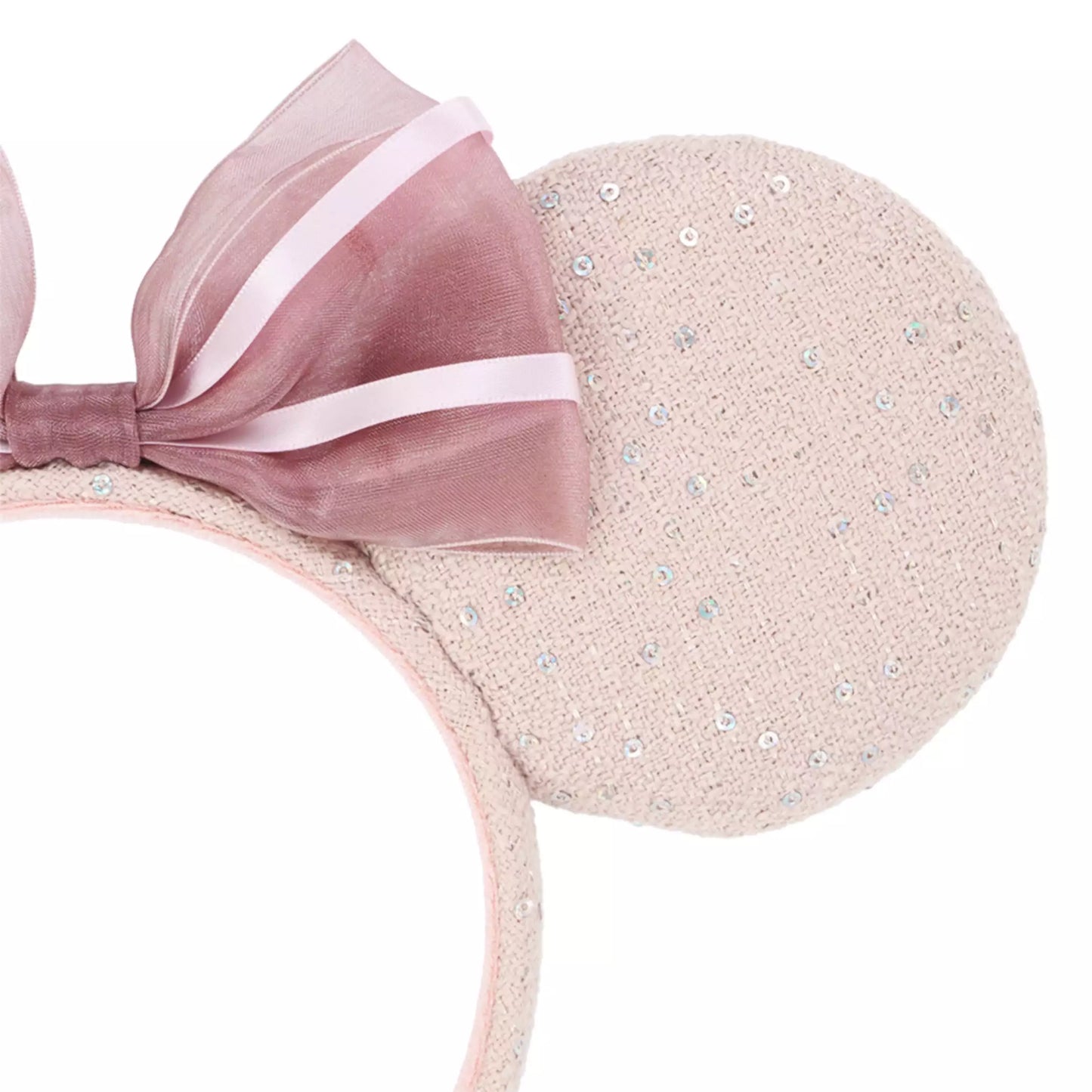 "Pre-Order" TDR - Minnie Mouse Pink Tweed Fabric and Sequin Bow Ears Headband for Adults