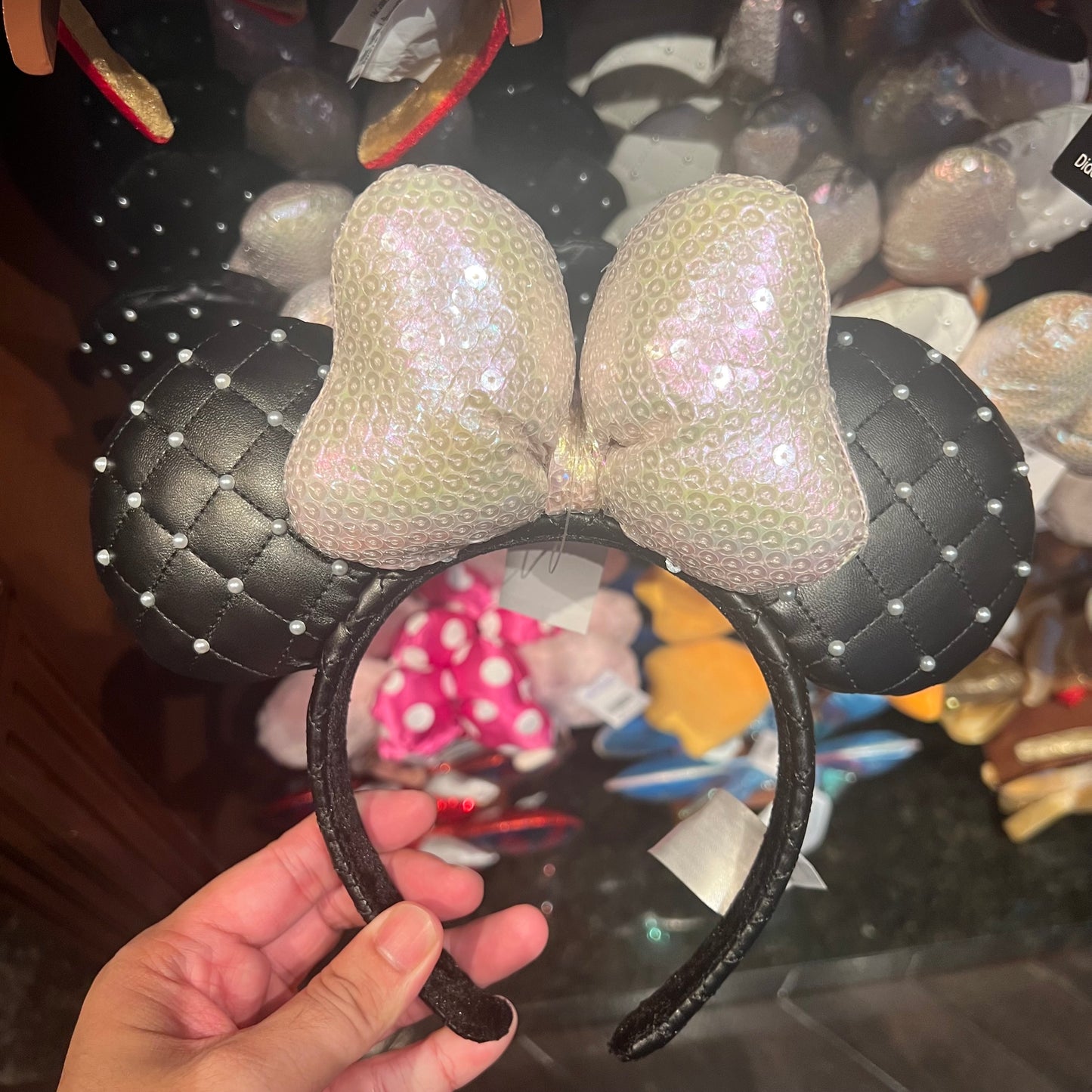 HKDL - Pearl Black Ribbon Minnie Ears Headband - Sequin Bow【Ready Stock】