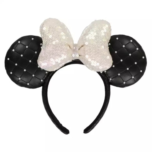 HKDL - Pearl Black Ribbon Minnie Ears Headband - Sequin Bow【Ready Stock】