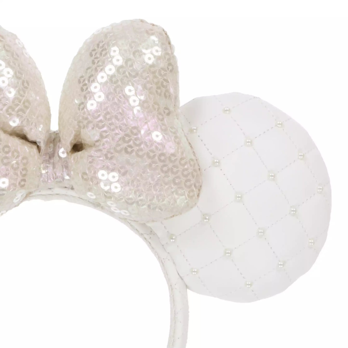 HKDL - Pearl White Ribbon Minnie Ears Headband - Sequin Bow【Ready Stock】