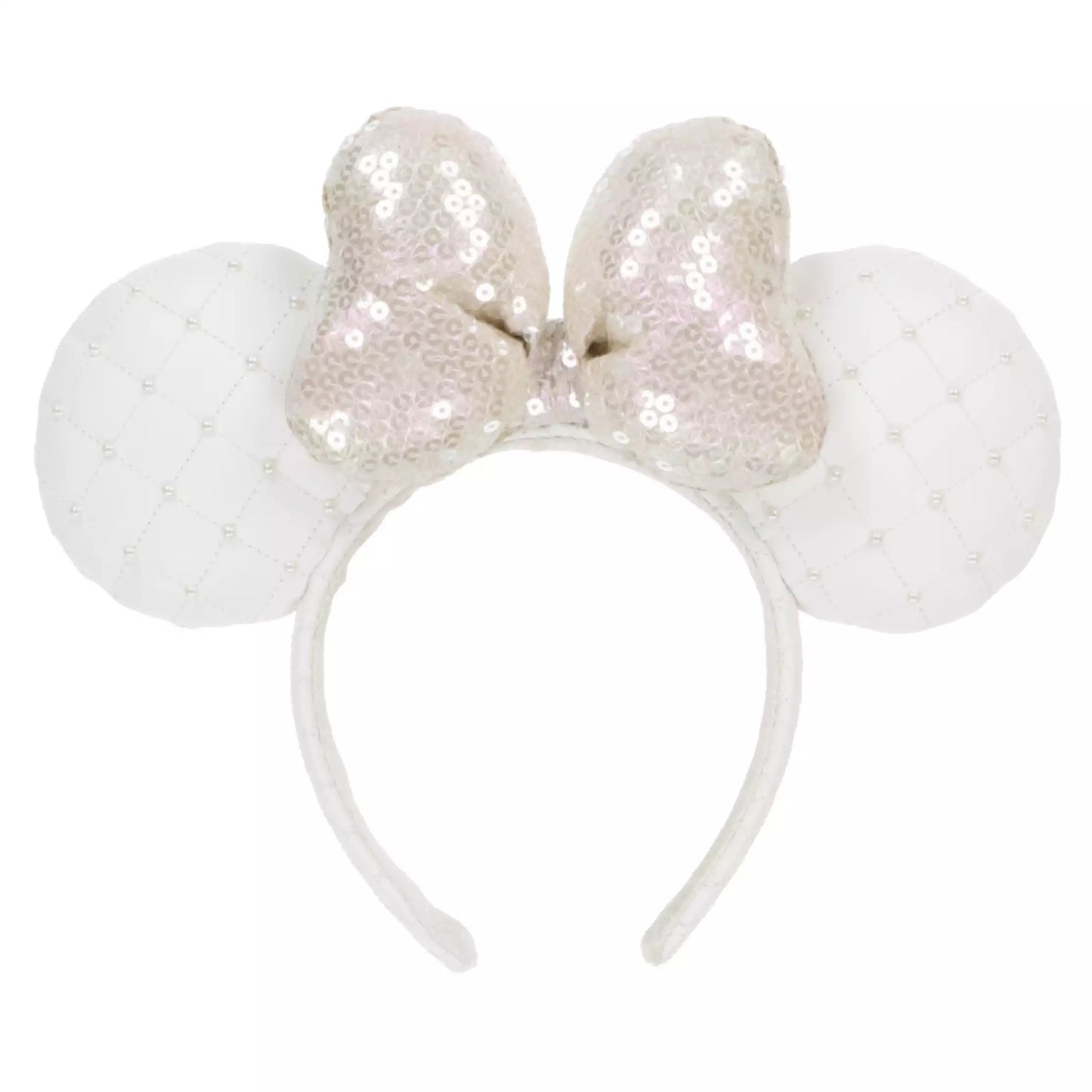 HKDL - Pearl White Ribbon Minnie Ears Headband - Sequin Bow【Ready Stock】