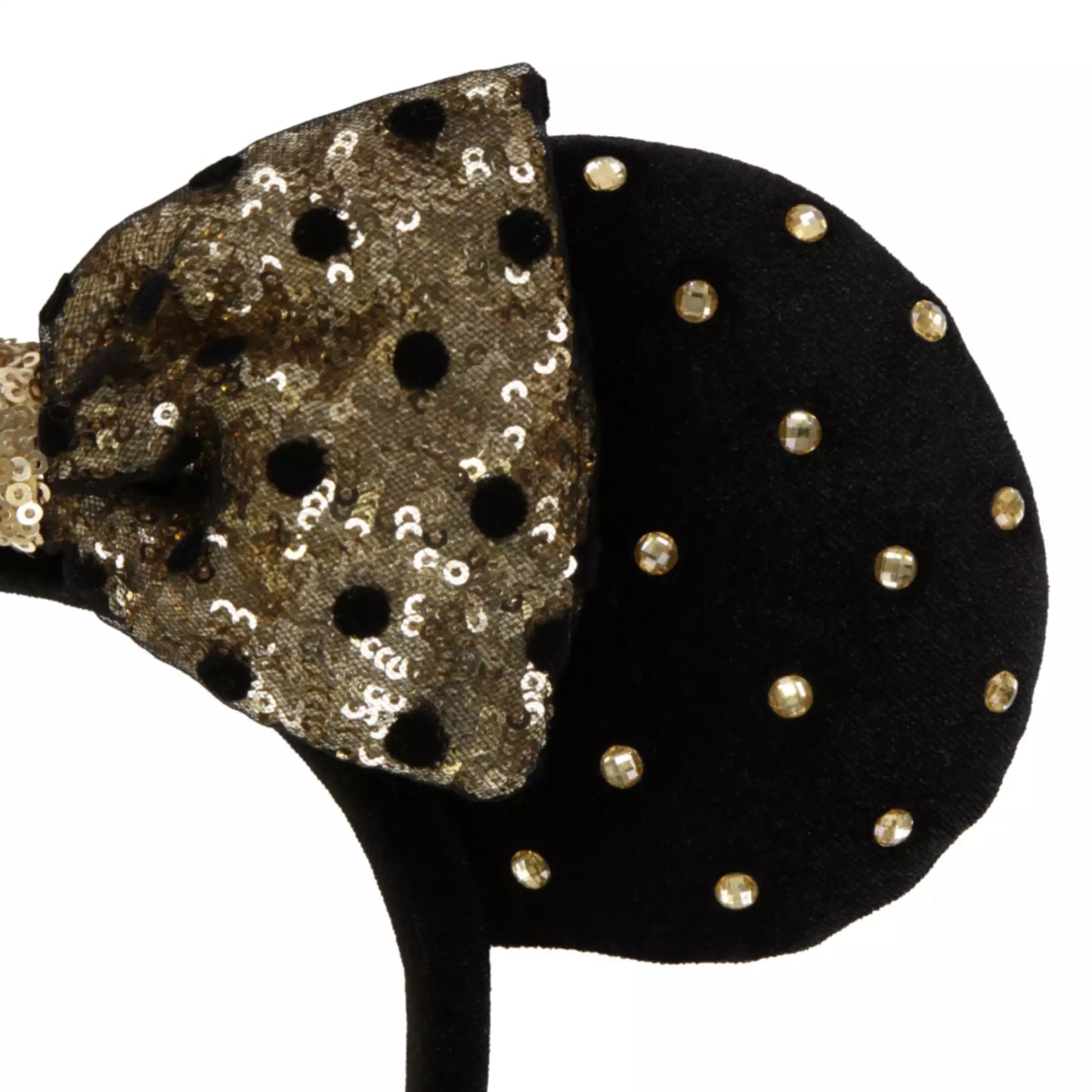 "Pre-Order" TDR - Gold Pearl Black Minnie Ears Headband - Gold Sequin Bow x Black Dot