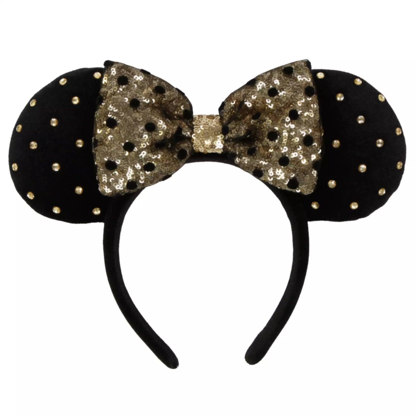 "Pre-Order" TDR - Gold Pearl Black Minnie Ears Headband - Gold Sequin Bow x Black Dot