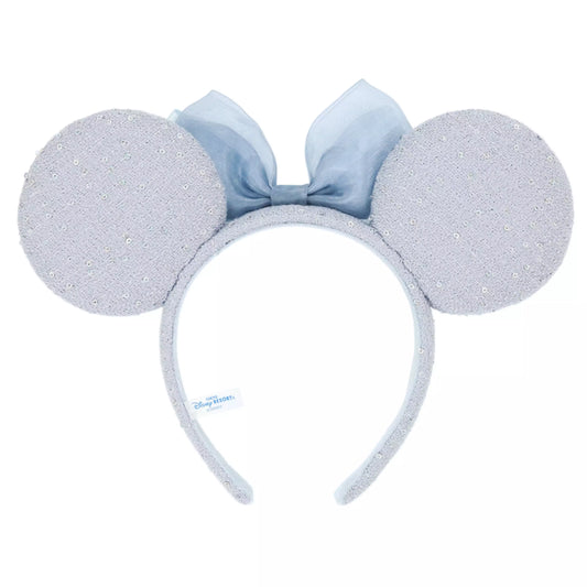 "Pre-Order" TDR - Minnie Mouse Blue Tweed Fabric and Sequin Bow Ears Headband for Adults