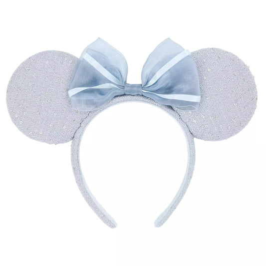 "Pre-Order" TDR - Minnie Mouse Blue Tweed Fabric and Sequin Bow Ears Headband for Adults