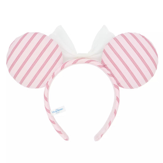 "Pre-Order" TDR - Minnie Pink Striped Twill Fabric and White Bow Ears Headband for Adults