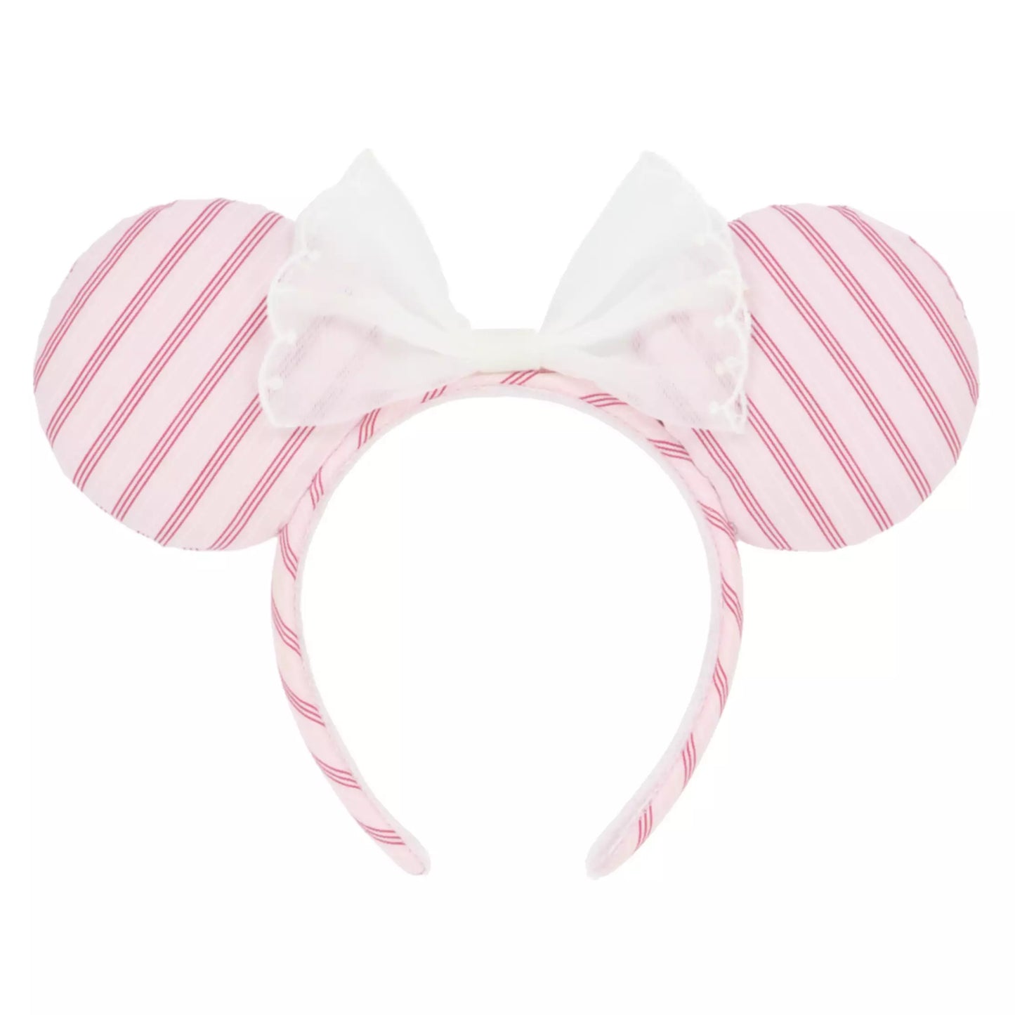 "Pre-Order" TDR - Minnie Pink Striped Twill Fabric and White Bow Ears Headband for Adults