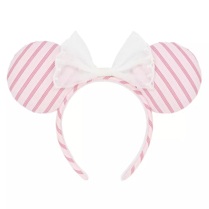 "Pre-Order" TDR - Minnie Pink Striped Twill Fabric and White Bow Ears Headband for Adults