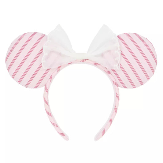 "Pre-Order" TDR - Minnie Pink Striped Twill Fabric and White Bow Ears Headband for Adults