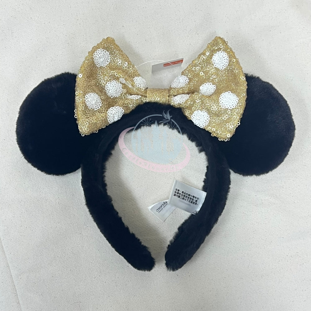 HKDL - Black Minnie Fluffy Ears Headband - Gold x White Dot Bow【Ready Stock】