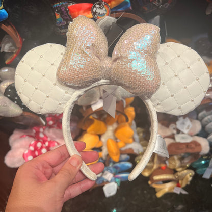 HKDL - Pearl White Ribbon Minnie Ears Headband - Sequin Bow【Ready Stock】