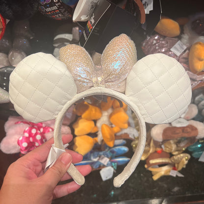 HKDL - Pearl White Ribbon Minnie Ears Headband - Sequin Bow【Ready Stock】