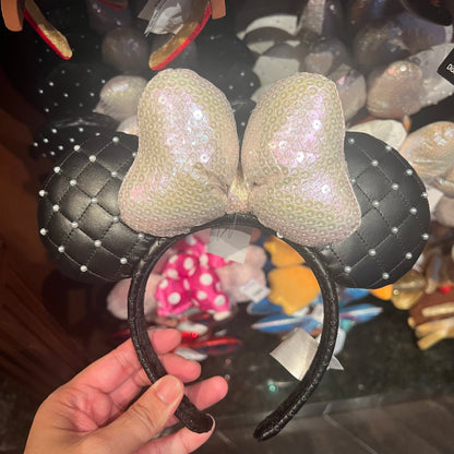HKDL - Pearl Black Ribbon Minnie Ears Headband - Sequin Bow【Ready Stock】