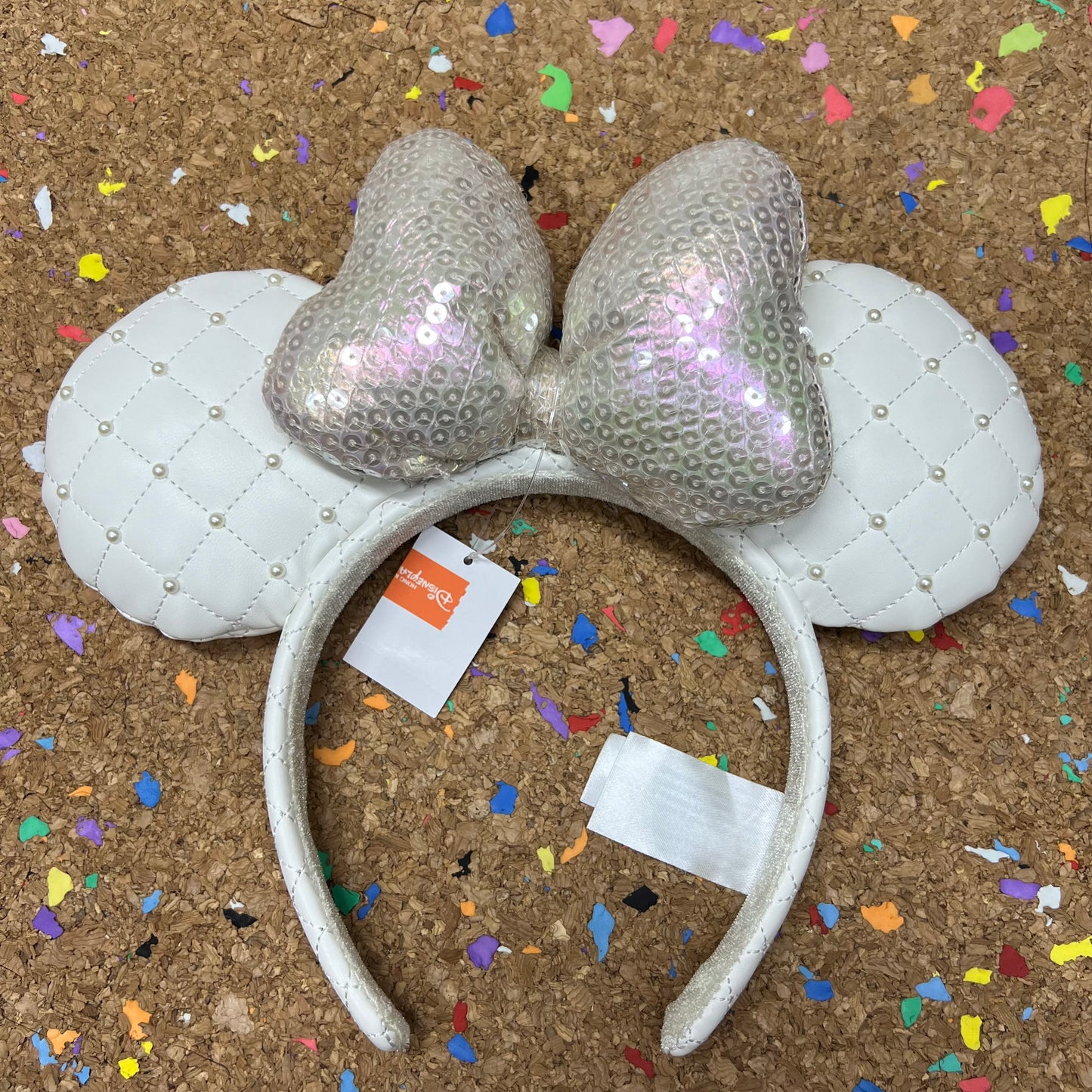 HKDL - Pearl White Ribbon Minnie Ears Headband - Sequin Bow【Ready Stock】