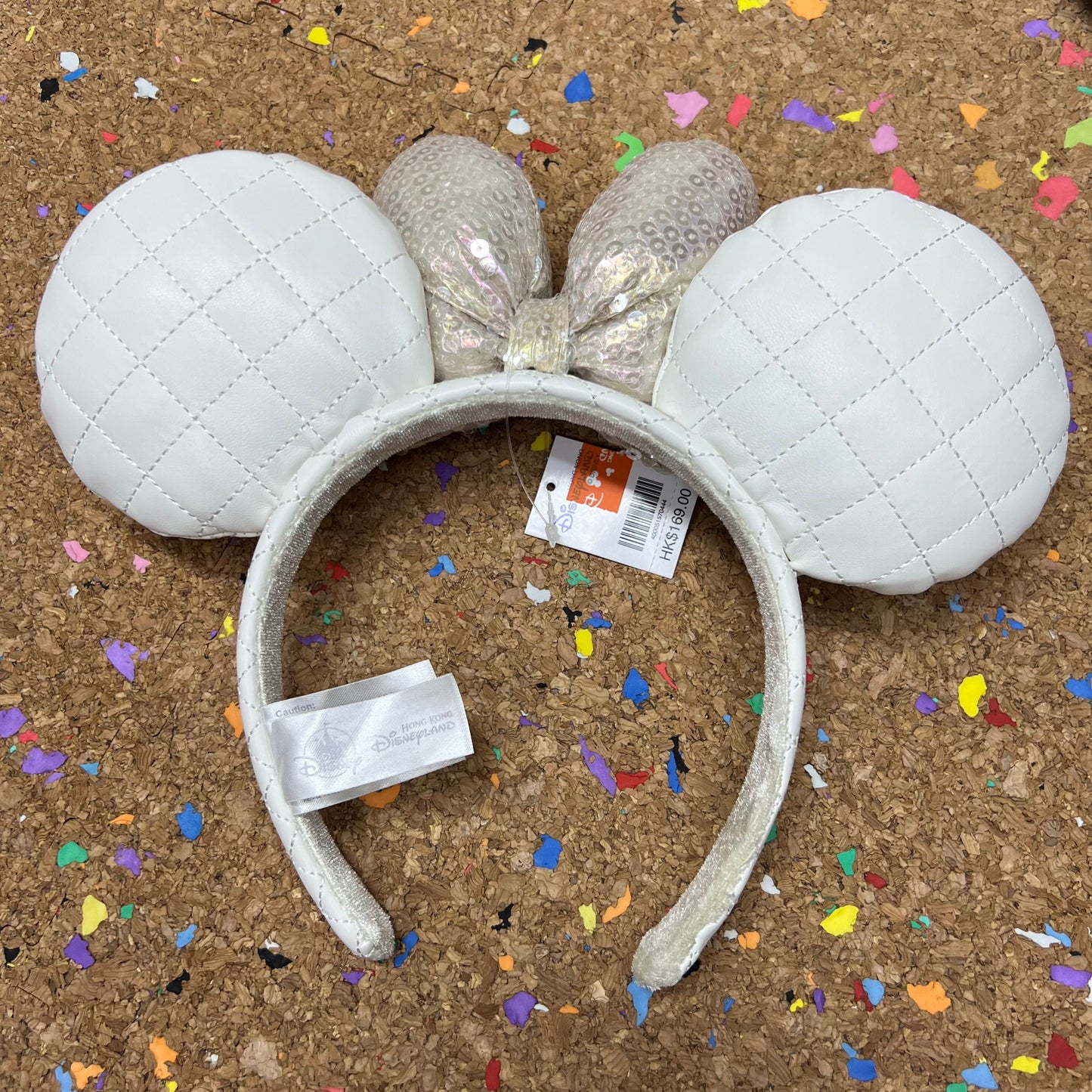 HKDL - Pearl White Ribbon Minnie Ears Headband - Sequin Bow【Ready Stock】