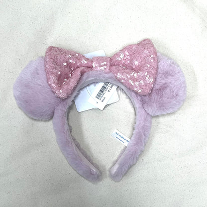 TDR - Purple Pink Minnie Ears Fluffy Headband - Sparking Pink Sequin【Ready Stock】