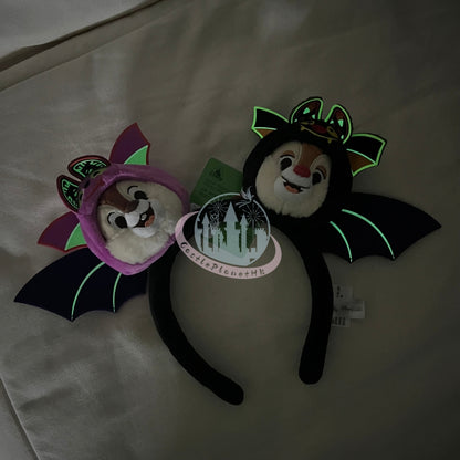 HKDL - Chip and Dale Bat Costume Plush Ears Headband - Glow in the Dark (Halloween 2024)【Ready Stock】